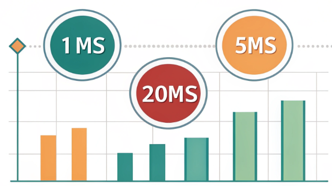 1毫秒、5毫秒和20毫秒网络延迟比较图
