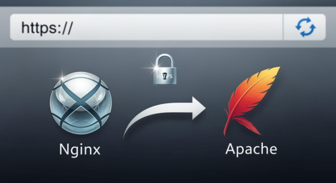 Nginx 前置 Apache 的 HTTPS 重新導向示意圖