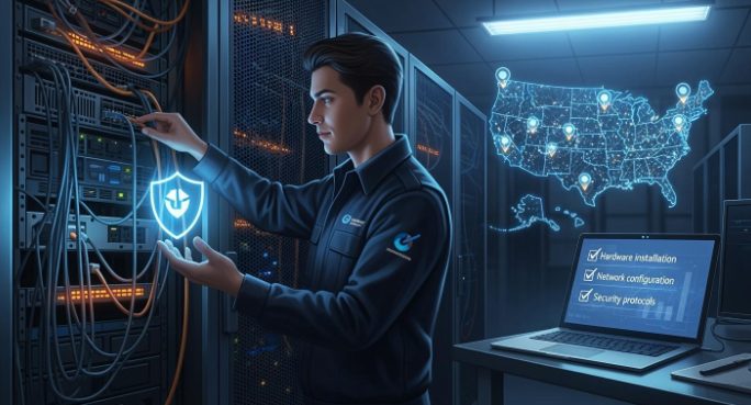 US server room with secure racks and monitoring