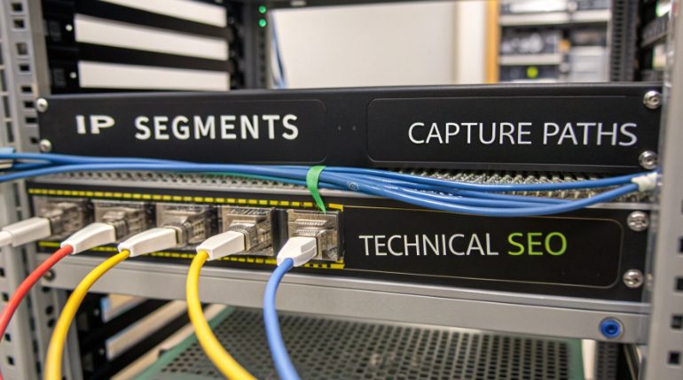 展示IP段、抓取路径与服务器网络中技术SEO关系的示意图