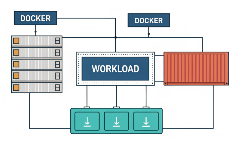 展示Linux容器主机的Docker工作负载结构示意图
