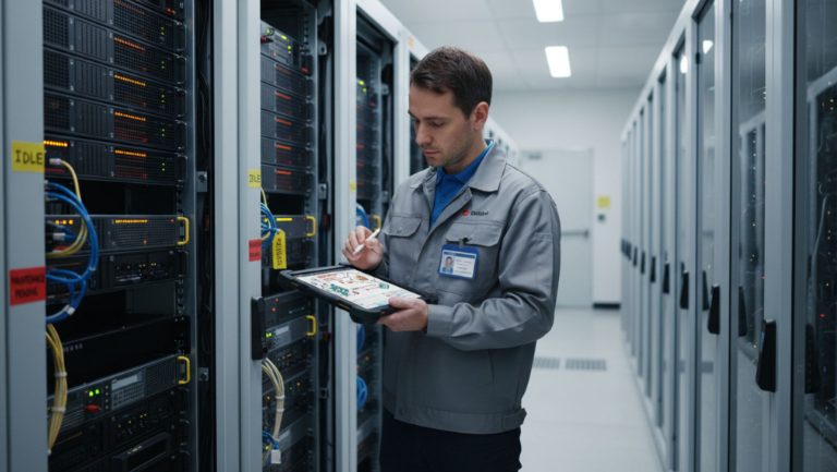 技术人员在数据中心检查闲置服务器维护清单