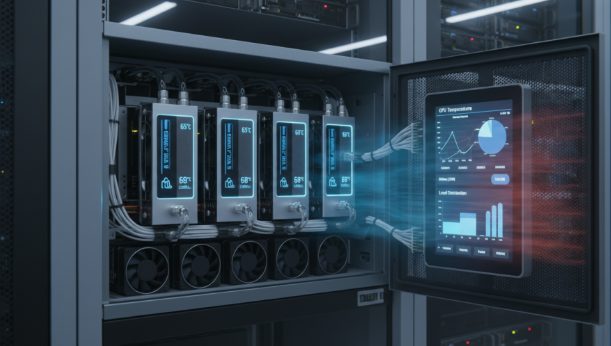 Server GPU under sustained training load with airflow and thermal monitoring