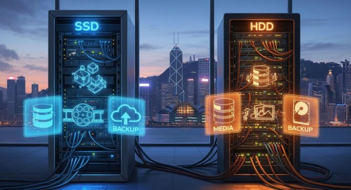 香港 SSD 与 HDD 服务器存储方案对比示意图